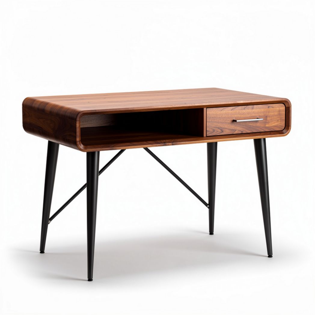 Bureau en bois de noyer avec tiroir et pieds en métal noir 90 x 45 x 75cm