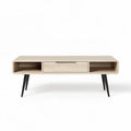 Table basse en bois clair avec tiroir et pieds en métal noir 120 x 40 x 50cm