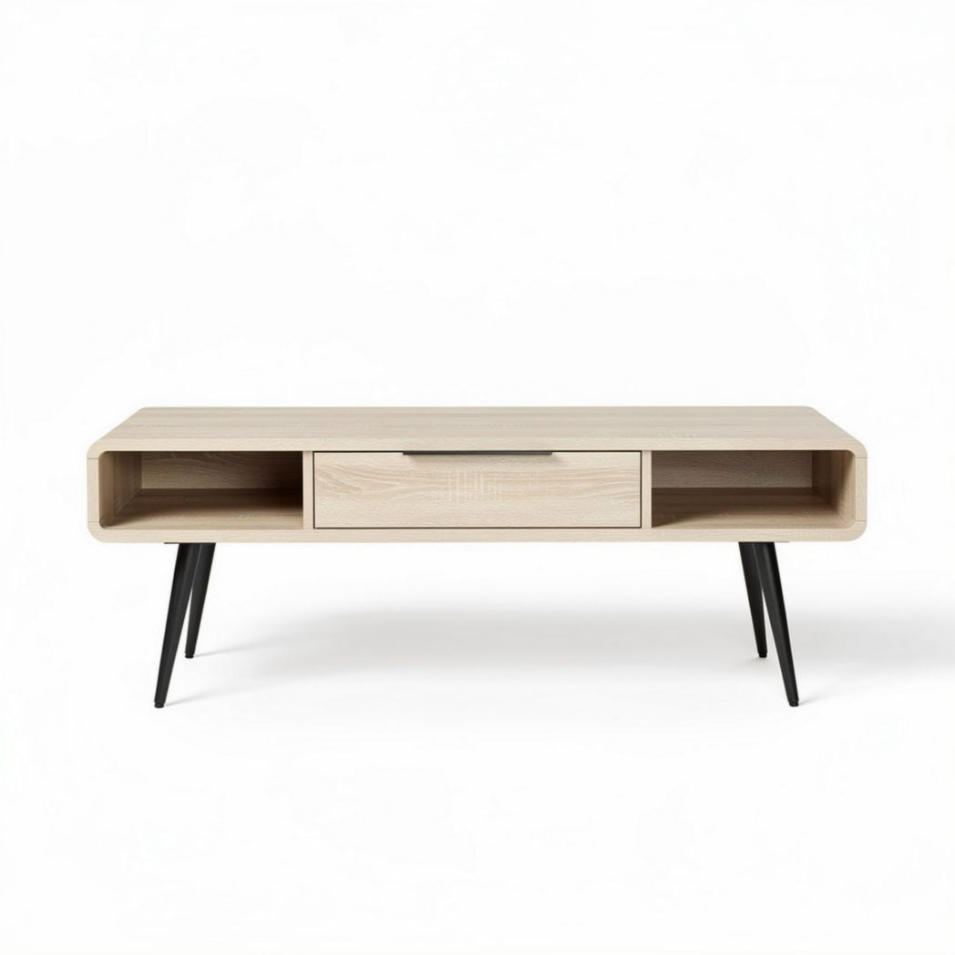 Table basse en bois clair avec tiroir et pieds en métal noir 120 x 40 x 50cm
