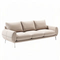 Canapé moderne en tissu beige avec trois coussins dimensionné 200 x 90 x 85cm