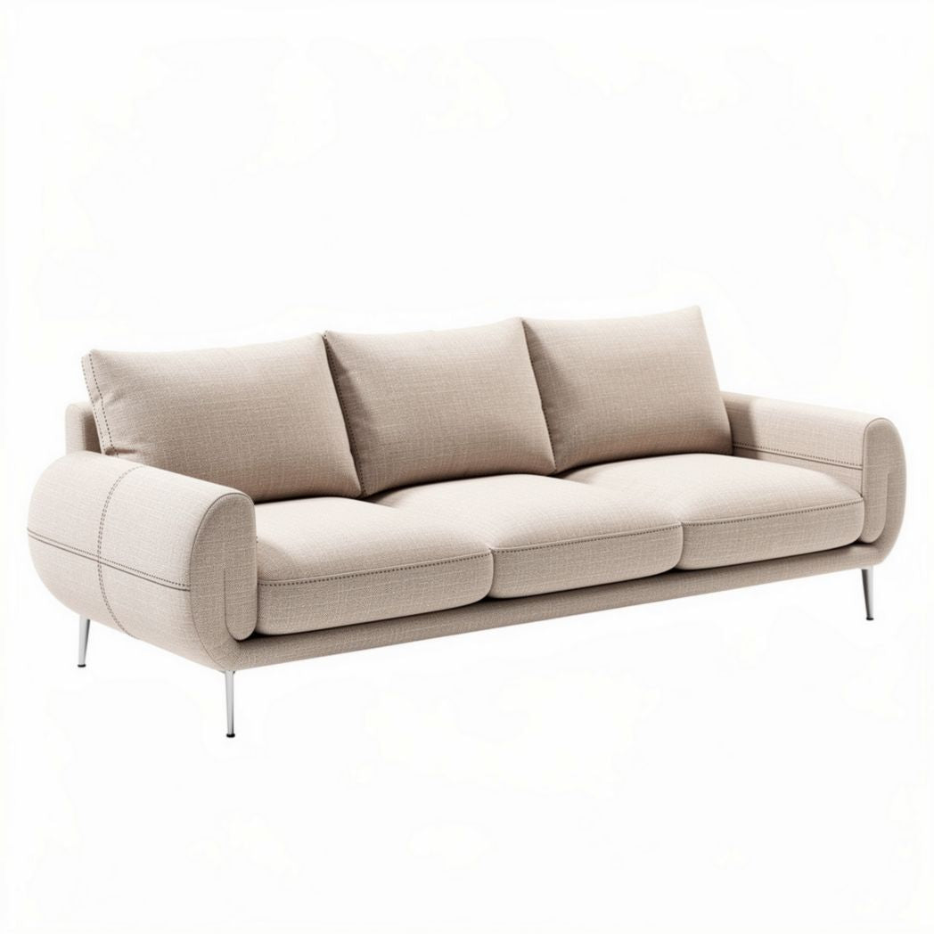 Canapé moderne en tissu beige avec trois coussins dimensionné 200 x 90 x 85cm