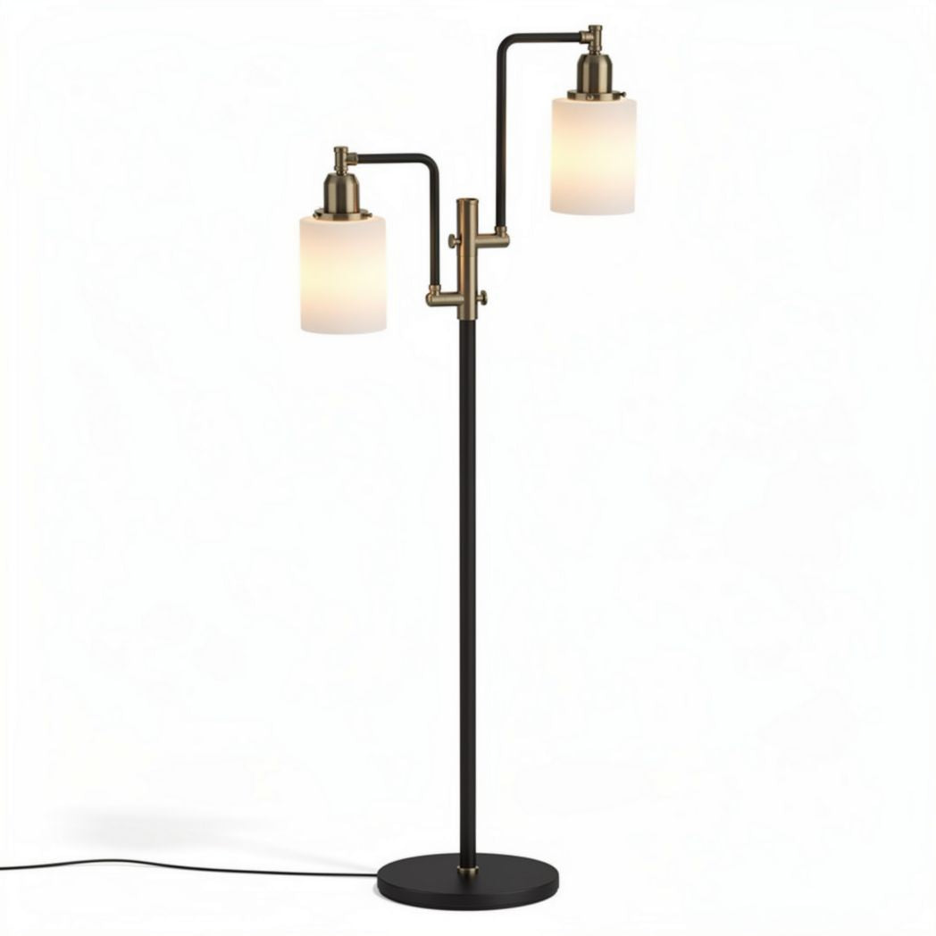 Lampe sur pied à deux éclairages en métal noir et verre opale 25 x 25 x 150cm
