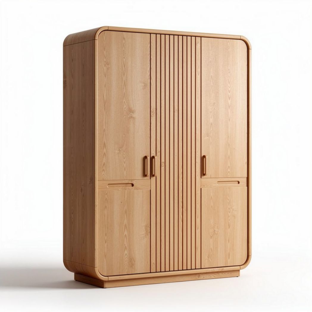 Armoire en bois clair de dimensions 150 x 80 x 200cm avec portes striées