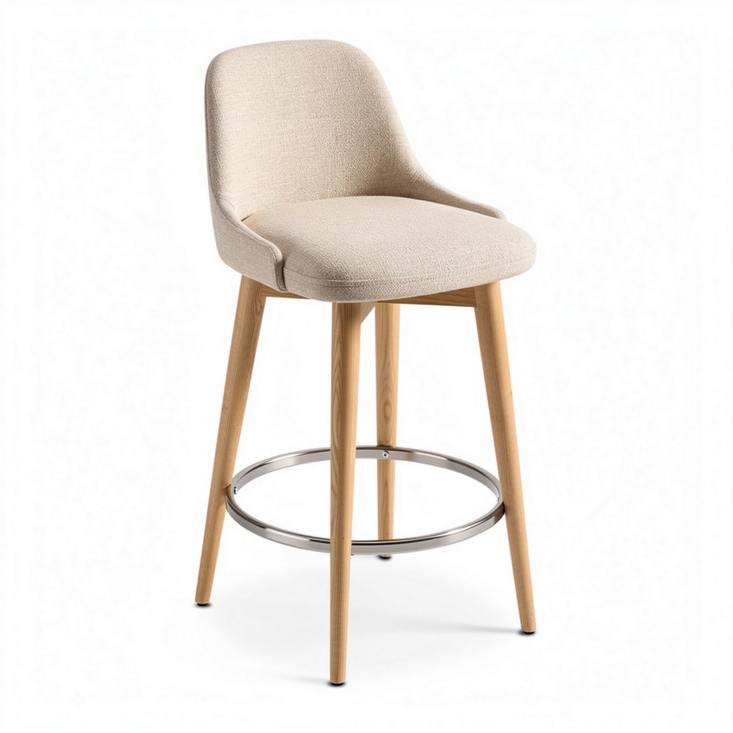 Tabouret de bar en tissu beige avec pieds en hêtre de 45 x 45 x 100 cm
