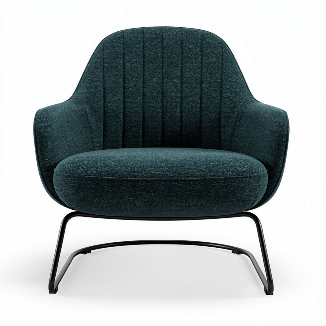 Fauteuil en tissu bleu canard avec structure en métal noir dimensions 80 x 80 x 80cm
