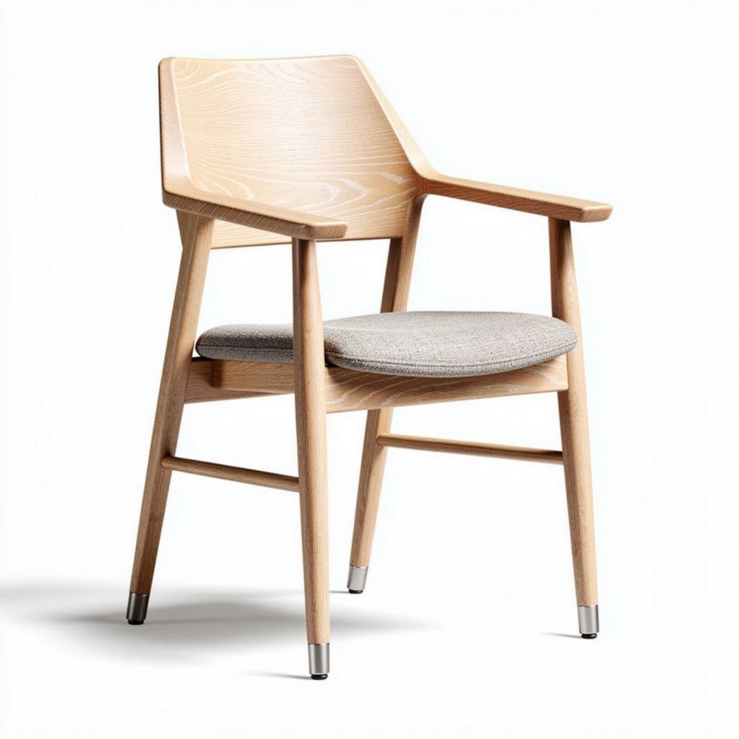 Chaise en bois clair avec accoudoirs et coussin gris dimensions 55 x 50 x 80cm